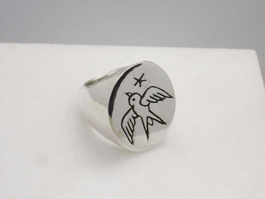 Swallow & Star Signet Ring